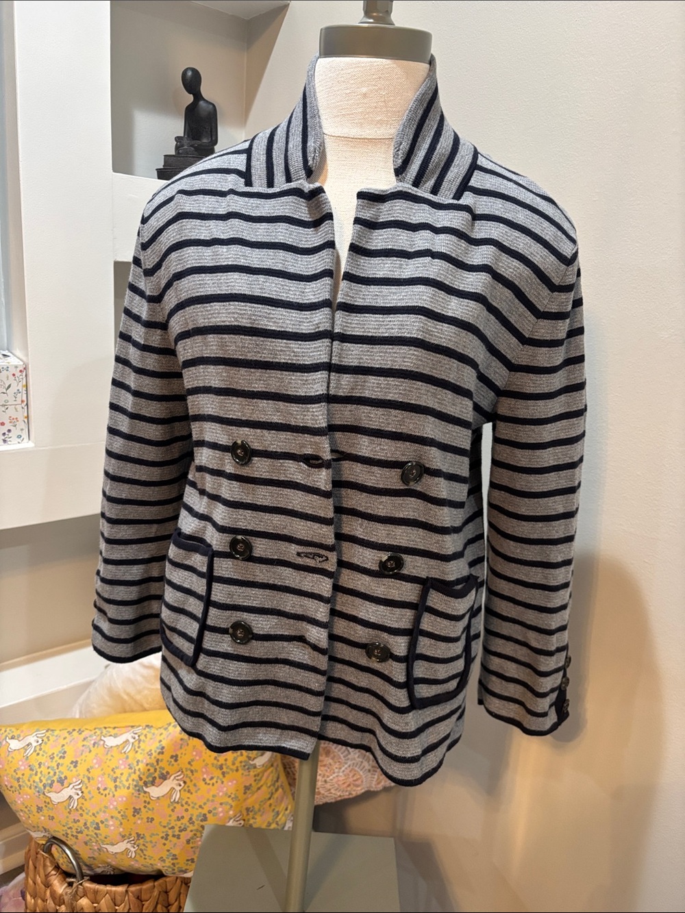 LOFT Gray and Black Striped Double-Breasted Knit Blazer Jacket